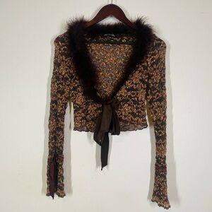 ANN FERRIDAY CROPPED GOLD LACE TIE FRONT TOP W/ BROWN FAUX FUR